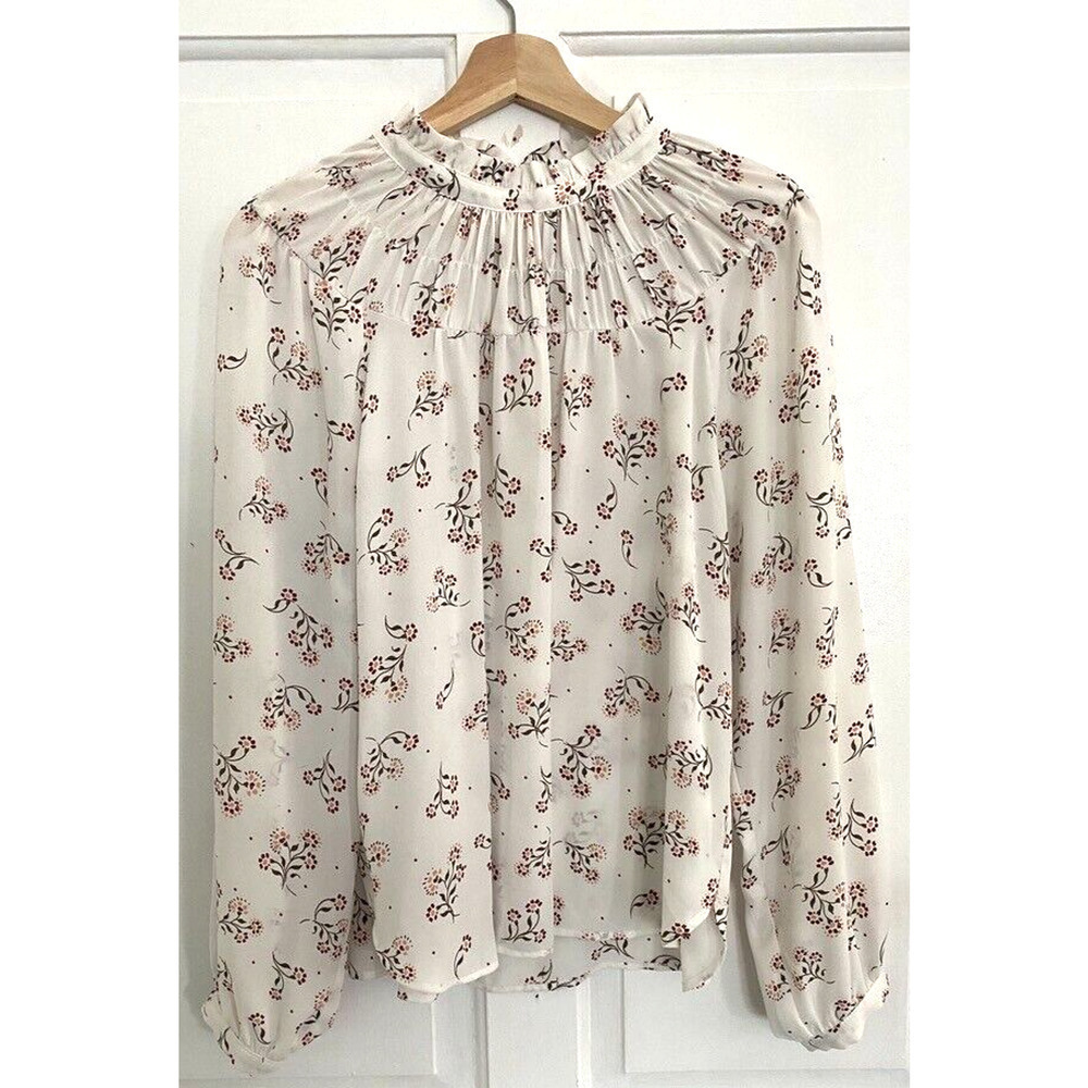 Loft - Rouged neck long sleeve white blouse with tiny flowers women's size M